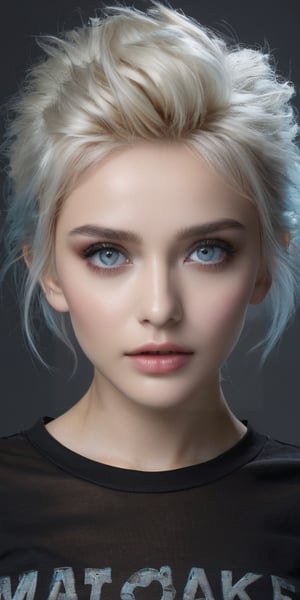 ((top quality)), ((masterpiece)), close portrait view of a young gothic girl with a  hairstyle of punky, ((front view,)) With a black T-shirt, black shaded eyes, Very light blue eyes, very short blonde hair, intricate details, highly detailed eyes, highly detailed mouth, cinematic image, illuminated by soft light,photo of perfecteyes eyes