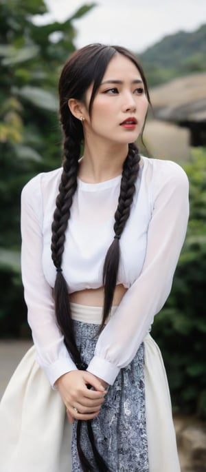 Generates a surreal image of a Taiwanese woman with long brown-black hair, braided into a braid, standing outdoors during the day.  She has a pair of black eyes and looks at the audience with her mouth closed.  She wore a long-sleeved white shirt with a funky print, paired with a white skirt.  She wore her hair loose around her shoulders and wore earrings, a bracelet and a shoulder bag, b3rli.,sexylala49407520