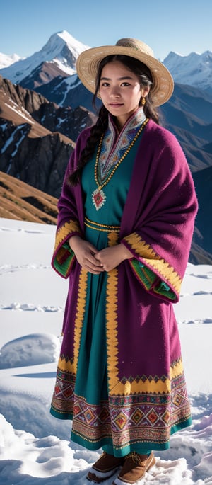 A graceful young woman wearing traditional Andean attire, standing at the edge of a snowy mountain peak. She is dressed in a handwoven wool poncho with intricate geometric patterns, layered over a brightly colored skirt with delicate embroidery. Her wide-brimmed hat is adorned with feathers and woven details. The camera captures her in a medium shot with a 50mm lens, focusing on the vibrant colors of her traditional clothing against the stark white of the snow-covered mountains. The lighting is cool, with the early morning sun casting soft shadows on the snow. The image is in 6K resolution, bringing out the fine craftsmanship of her attire and the breathtaking expanse of the mountains, ek_ph0t0_b00ster