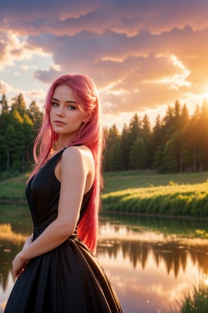 Best work, (Best quality, ,HDR, 8k, 32k, raw photo, photorealistic, UHD:1.2), beautiful 20 year old girl in long black dress at the lakeside in a forest, eyes, pink hair, detailed face, perfect face, pond, dark sky, lights in the background, realism, red sky, detailed sky, realistic clouds, sun, bright environment, late afternoon, sun rays in the clouds
