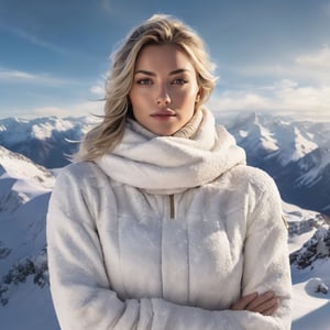 Generate hyper realistic image of a woman on a snowy mountain peak, her upper body covered in warm winter layers. The pose captures the majestic beauty of a snow-covered landscape, highlighting her resilience against the cold.