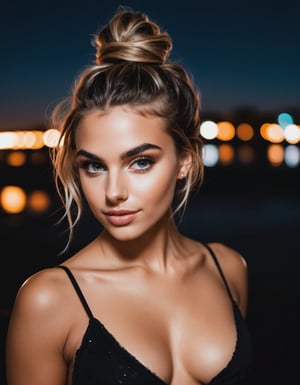 photo of a gorgeous girl, messy bun hair, nighttime, sexy
