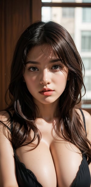 hyper-realistic 8k, young beautiful pakistani girl, detailed eyes, sensual eyes, brown colored eyes, light freckles on face, red nose, dimples on the cheek, sexy lips, parted lips, dark red lipstick, long hair, short dress, smirk, pakistani origin girl, cute face, perfect face symmetry
 