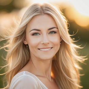 A highly detailed, realistic portrait of a youthful 32-year-old Central European woman with long, flowing blonde hair. Her hair is being tousled by a gentle breeze, with a few strands falling playfully across her face. She has strikingly bright blue eyes that radiate vitality and a fresh, clear complexion with a slight natural glow. The lighting reflects a soft summer evening, casting a warm, golden glow over her features. The background is blurred with a beautiful bokeh effect, hinting at a serene, natural setting. The portrait captures the gentle, peaceful mood of a summer evening, emphasizing her youthful beauty and vibrant demeanor.
