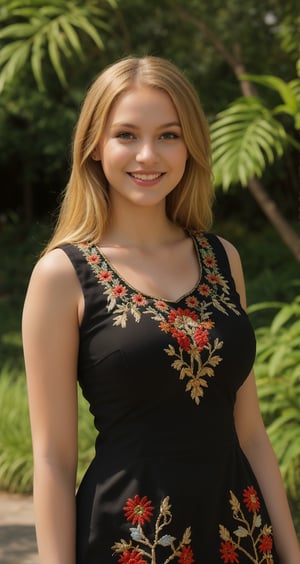 1girl, beautiful young woman, blonde, smiling, (in beautiful Ukrainian national dress embroidery ornament black, red, green), sunny day, botanical garden, realistic