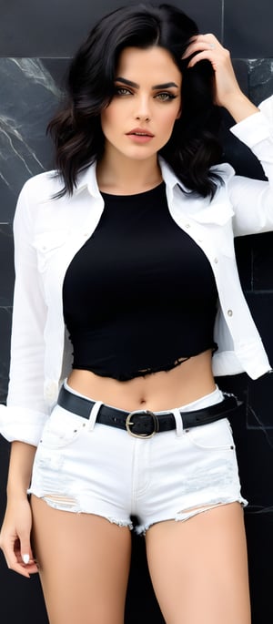 Generate hyper realistic image of a woman with short, wavy, black hair that falls just above her shoulders. Her eyes are emphasized with dark makeup. She is wearing a white, button-up shirt tied at the waist, giving it a cropped look. The shirt is stylishly paired with high-waisted, ripped denim shorts. The shorts are heavily distressed, featuring large rips and frayed edges. She also has a black belt with a large buckle, accentuating her waist. She stands confidently against a black marble wall, with one hand on her hip and the other hand lightly touching her hair. 