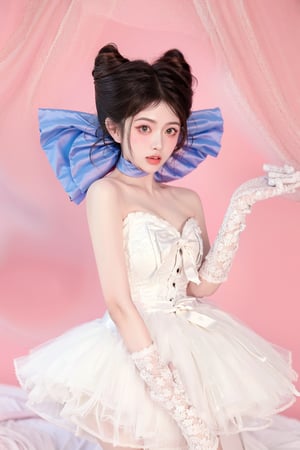 bj(qingmao),1girl,white gloves,white dress,ribbon,bow,green background,