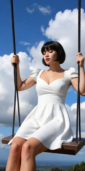 best quality,masterpiece,1girl, above clouds, solo, short hair, bangs, black hair, dress, sitting, closed eyes, short sleeves, outdoors, parted lips, sky, day, cloud, white dress, blue sky, cloudy sky, swing