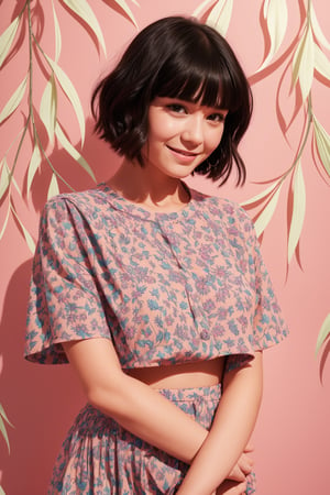 a flat lineart of a young beautiful woman leaning against colorful wall printed botanial patterns at pop-style Private Rooms,kind smile,bangs,messy short-bob,detailed realistic dark clothes,soft tone,only in four colors,a ncg,Illustration