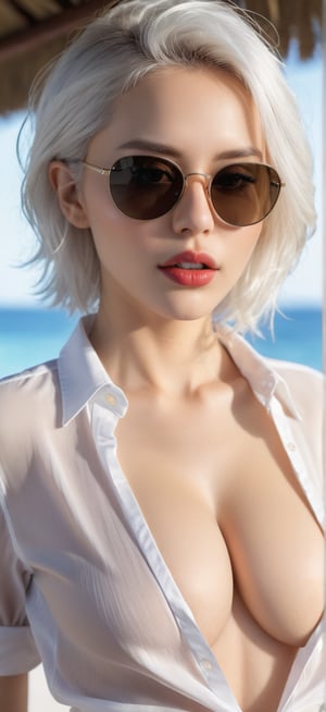 A woman, open blouse blouse, small bare breasts, seductive, white hair, sunglasses, white shirt, demure, shy, 8K RAW Photo, high resolution, detailed, realistic, detailed eyes, detailed lips, p3rfect breasts, detailmaster2, perspective image taken with sony zve10