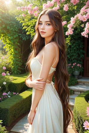 A girl with long, flowing hair (best quality, realistic:1.37), beautiful blue eyes, and luscious lips is standing in a vibrant garden. She exudes an air of confidence and sensuality, her pose suggesting a hint of seduction. The garden is filled with colorful flowers and lush greenery, creating a picturesque backdrop. The sunlight filters through the leaves, casting soft, warm rays on the girl's flawless skin. The scene overall has a dreamy and whimsical quality, reminiscent of a oil painting (masterpiece:1.2). The colors are rich and vibrant, with a slightly warm and romantic tone. The lighting is soft and gentle, enhancing the girl's natural beauty.

,Extremely Realistic