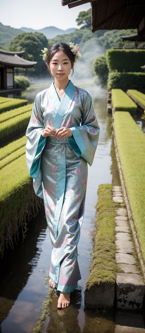 A serene young woman wearing a traditional silk kimono with intricate floral embroidery, standing gracefully in a lush, terraced rice field. Her kimono is wrapped elegantly around her body, and she carries a delicate paper parasol. The rice fields stretch out.behind her, with layers of green reflecting the soft light. The camera captures her in a medium shot with a 35mm lens, focusing on the rich textures and patterns of her kimono and the serene beauty of the landscape. The.lighting is soft, with the early morning mist rising from the fields, creating a peaceful and timeless atmosphere. The image is shot in 6K resolution, bringing out the intricate embroidery of her kimono and the natural beauty of the rice fields, ek_ph0t0_b00ster