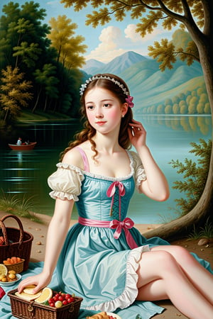 1 girl, picnic by the lake, mute colors, Rococo-style oil painting, masterpiece,More Detail,Colors