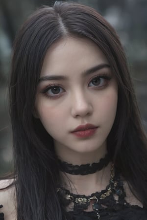 (closeup portrait photo of beautiful 24 y.o goth woman, makeup),(8k uhd, high quality, dramatic, cinematic):1.2,ultra-detailed,realistic:1.37,professional,vivid colors,sharp focus,physically-based rendering,(dark and moody),(combined natural and artificial lighting), gothic attire,beautiful detailed eyes,dark lipstick,pale skin,black eyeliner,long dark hair,black choker necklace,subtle smoke effects