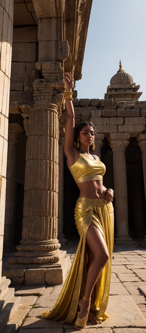 A sultry Indian woman stands amidst ancient temple ruins, bathed in soft golden light that illuminates her radiant skin. She dances, midriff exposed, fluid movements evoking the beauty of a blooming lotus. Warm rays dance across weathered stone walls as she sways to gentle chanting and rustling leaves. Her eyes aglow with devotion, surrounded by serenity and spiritual harmony. The transparent cloth clings to her curves as she moves, shimmering in the golden light. The temple's ancient stones provide a majestic backdrop for her ethereal dance.