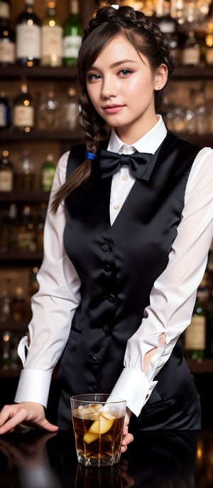 1girl, solo, long hair, looking at viewer, bangs, blue eyes, shirt, long sleeves, bow, hair between eyes, sitting, very long hair, white shirt, braid, blonde hair, parted lips, striped, collared shirt, indoors, bowtie, vest, cup, black bow, bottle, alcohol, sleeves rolled up, drinking glass, black vest, black bowtie, bar \(place\), counter, bartender. Professional style, detailed image, detailed skin, blush extremely beautiful woman, masterpiece quality, light particles, attractive image.