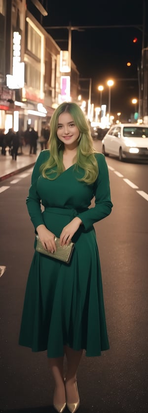 lovely  cute  young  attractive  Europe teenage  girl  in  a  pretty foreign dress,  23  years  old  ,  cute  ,  an  Instagram  model  ,  long  yellow-green_hair  ,  winter  ,  on the road  .  , „ Europe 