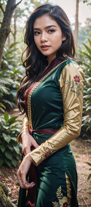 Create a photorealistic masterpiece of a beautiful woman with long hair wearing traditional Indonesian kebaya attire. Set her against a dark, forest backdrop with a captivating glow in the background and bokeh effect. Ensure the image quality is 8K with ultra-realistic details.,kebaya