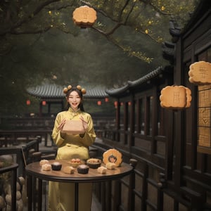 1womanl, 20yr old,((Chinese female celebrity)),The lens is shot from top to bottom,Chinese costumes,Gorgeous,the night,Ancient Chinese architecture,Chinese elements,Wooden dining table,((Mid-Autumn Mooncakes)),candlestick,Candle,lantern,,baifernbah,see_through