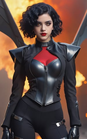 (by Loish, Leyendecker, james gilleard),  A full body shot of a young goth woman, short black curly hair, slightly smiling, one raised eyebrow, wearing a black metal cyborg suit , red lips, dark eye makeup, dark future battlefield background, ,heavy_jacket,Fire Angel Mecha