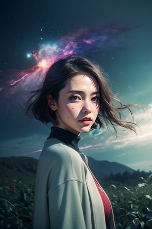 (close-shot photo:1.4) of a beatutiful woman wearing a long coat on a open field, embers of memories, colorful, (photo-realisitc), nebula background, nebula theme,exposure blend, medium shot, bokeh, (hdr:1.4), high contrast, (cinematic, teal and green:0.85), (muted colors, dim colors, soothing tones:1.3), low saturation,fate/stay background,yofukashi background,1