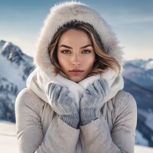 Generate hyper realistic image of a woman on a snowy mountain peak, her upper body covered in warm winter layers. The pose captures the majestic beauty of a snow-covered landscape, highlighting her resilience against the cold.