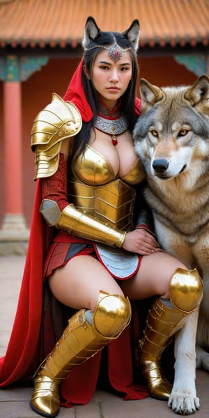 (A red and gold image of a young girl as a warrior woman, dressed in fine armor, with a large gray wolf next to her with it's head nestled on the girl's lap, in the background of an oriental-style scene), masterpiece, HDR, depth of field, wide view, bright background, raytraced, full length body, unreal, mystical, luminous, surreal, high resolution, sharp details, with a dreamy glow, translucent, beautiful, stunning, a mythical being exuding energy, textures, breathtaking beauty, pure perfection, with a divine presence, unforgettable, and impressive.