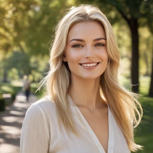 Generate hyper realistic image of a woman with straight blonde hair in a photorealistic scene, taking a leisurely stroll through a park. Her minimal makeup enhances her natural beauty, and her relaxed smile emanates a serene charm.