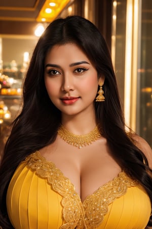 identical face, a 35year gorgeous woman with dark hair, elegant indian- woman, tight thai,  dark brown aerola, realistic, body height 5.5 feet, realistic image, yellow saree red blause, gold necklace, diamond bracelet,hot look, 