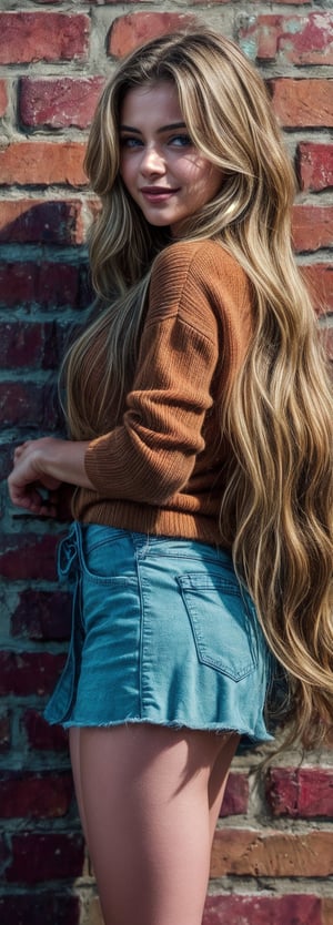 Create an ultra-realistic image of a woman with flowing blond hair, standing in front of a weathered brick wall. She's dressed in a orange sweater, which she lifts slightly, showcasing a hint of blush on her tanned skin. With a gentle smile, she looks directly at the viewer, her long hair cascading down. The scene radiates simplicity and genuine beauty, highlighting the natural elegance of the moment. Her hands and fingers are impeccably depicted, with a focus on their short, perfect form. The image should be photorealistic.