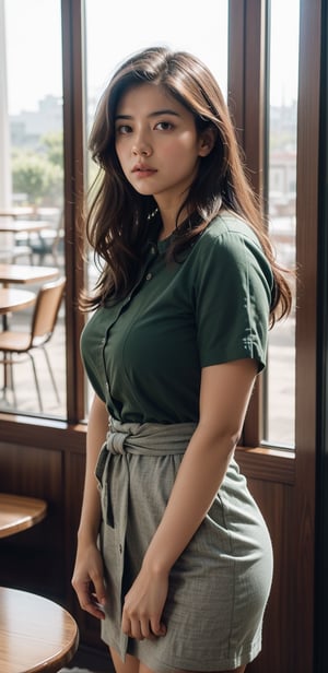 raw photo,  photorealistic,  intricate,  photo of beautiful 40 year old kerala mallu business woman, wearing green short midi skirt and shirt, talking in business meeting, thick waist,  long brown hair,  very_long_hair, formal dress, at italian coffee shop, chubby, chubby,  front-view,  gray eyes,  long wavy hair,  skin texture, holding luxury wallet, pores, morning light from window,   cinematic LUT,  medium shot,  waist and torso shot,  golden pin light to face,  warm point light to head and face, vibrant feminine  vintage Color Palette, more saturation , REALISTIC