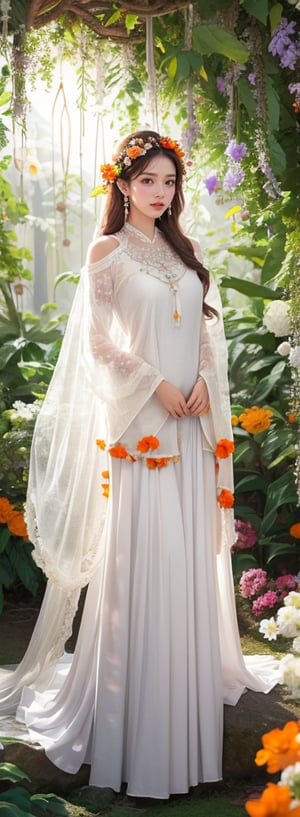 Create an artwork of a person with long, flowing hair intertwined with an array of white and orange flowers, wearing a garment that harmonizes with the botanical surroundings. The overall atmosphere should evoke an ethereal and dreamlike essence. 



 