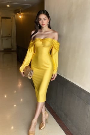 full body, 1girl, solo, looking at viewer, colorful_hair, sweating, yellow dress, white jacket, off-shoulder, seductive, seductive, long hair,  photorealistic,small boobs,Extremely Realistic,perfect,Young beauty spirit, dancing , dance, Best face ever in the world,Bomi,chinatsumura,  skinny
