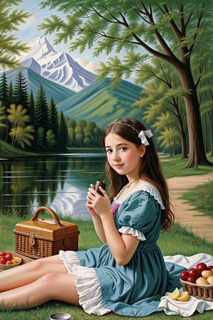 1 girl, picnic by the lake, mute colors, Rococo-style oil painting, masterpiece,More Detail,Colors,SD 1.5