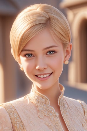 Pretty and charming girl. She wears a very elegant noblewoman oufit. She is a very cute girl. Hyperdetailing masterpiece, hyperdetailing skin, masterpiece quality, with 4k resolution. Charming smile. Short hair, himecut hairstyle, blonde hair. Mansion in background. She belongs to the nobility. bun hairstyle. tender and charming smile.