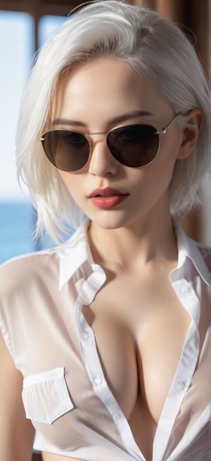 A woman, open blouse blouse, small bare breasts, seductive, white hair, sunglasses, white shirt, demure, shy, 8K RAW Photo, high resolution, detailed, realistic, detailed eyes, detailed lips, p3rfect breasts, detailmaster2, perspective image taken with sony zve10