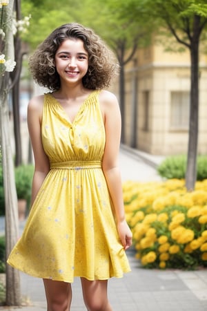 a beauty girl with short_curly 
year <20 years old>
brown_hair
curly_hair
small_body
smiling to viewer
dressed in a yellow dress with flower print,Pixel art
brown_eyes
scenary