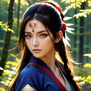 Natural Light, (Best Quality, highly detailed, Masterpiece), (beautiful and detailed eyes), (realistic detailed skin texture), (detailed hair), (Fantasy aesthetic style), (realistic light and shadow), (real and delicate background), ((cowboy shot)), (from high), shinobi, beautiful Indian girl, 23 year old,1girl, lotr elf, amber colored eyes, brown hair, A beautiful young elven ninja, clad in navy shinobi shozoku, with a red sash, stands confidently in a beautiful 
forest landscape.