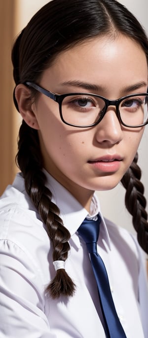 (masterpiece), best quality, high resolution, highly detailed, detailed background, perfect lighting, The student council girl with twin braids and glasses