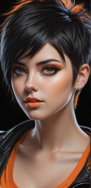 Generate hyper realistic close portrait of a beautiful girl, short messy black hair with a punk cut, dark background, orange t-shirt, very detailed beautiful eyes. Very detailed, provocative face, (dynamic provocative pose),   soft colors artwork, hight detailed,