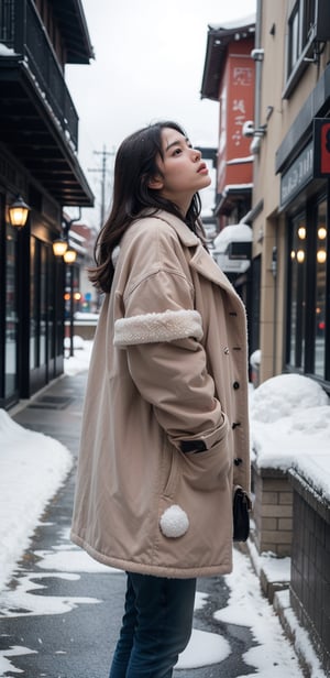 cute girl, long hair, fashion coat, pink winter coat, Jeans, standing looking up at the sky as snow is falling, winter city, cloudy, 4K, ultra HD, RAW photo, realistic, masterpiece, best quality, beautiful skin, white skin, 50mm, medium shot, outdoor, half body, photography, Portrait, ,chinatsumura, high fashion, snowflakes