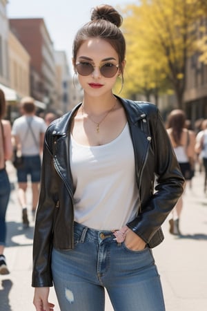 A masterpiece in portraiture: a solo lady, exuding confidence and ease, showcases an upper body clad in a chic and edgy leather jacket. The jacket contrasts beautifully with a simple white t-shirt and distressed jeans. Her minimal makeup adds to her effortless charm, while her messy bun completes the look. The scene unfolds in the vibrant atmosphere of a music festival or a trendy downtown neighborhood. Her statement sunglasses and chunky jewelry accessorize her outfit perfectly. A cross-body bag slung over one shoulder adds to her convenience and completes the picture. Captured in the best quality, every detail is brought to life in this stunning image. (Phot