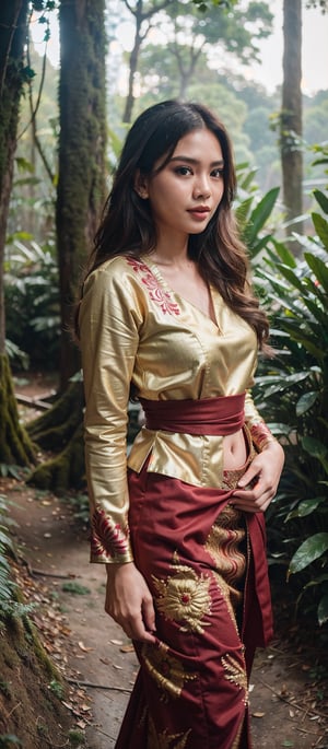 Create a photorealistic masterpiece of a beautiful woman with long hair wearing traditional Indonesian kebaya attire. Set her against a dark, forest backdrop with a captivating glow in the background and bokeh effect. Ensure the image quality is 8K with ultra-realistic details.,kebaya