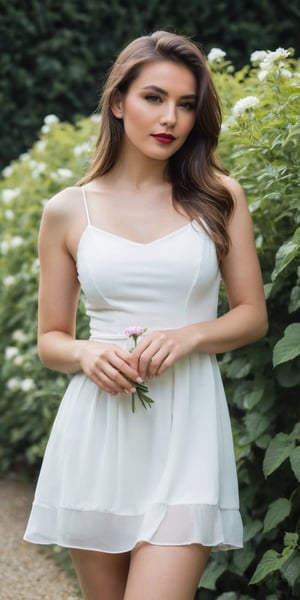 generate image, Beauty 25 years old girl with mini white dress, in a garden smelling a flower,