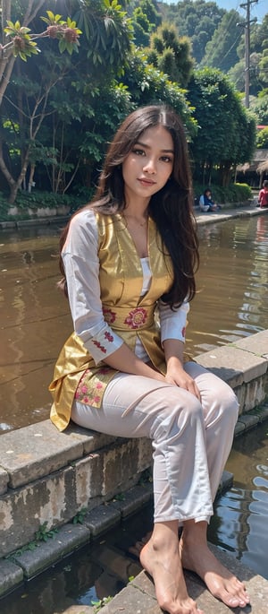 8K HDR image of a beautiful woman with long hair wearing traditional Indonesian kebaya, sitting beside a flowing river. Ensure the surroundings depict a picturesque,