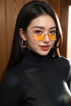 1girl, solo, long hair, looking at viewer, smile, black hair, red eyes, earrings, glasses, teeth, dark skin, grin, sweater, dark-skinned female, makeup, turtleneck, sunglasses, portrait, turtleneck sweater, round eyewear, black sweater, tinted eyewear, red-tinted eyewear, orange-tinted eyewear, blue-tinted eyewear