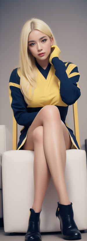 ((masterpiece,best quality)), high res, HD, illustration, solo female, random color, random pose, complex color,
perfect anatomy, comic style, oversize clothing ,Sexy Pose,perfect
,Korean,idol,Beauty,korean
((Blue-yellow hairs)),MFBP1,jojo pose,Gendou pose ,adjusting gloves,crossed legs
