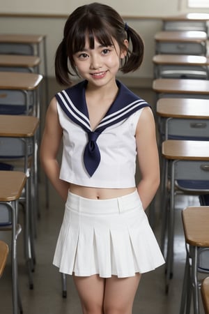girl standing in school classroom,sailor shirt,micro mini skirt,through white panty,18-year-old,bangs,a little smiles,thighs,crotch,knees,short cut hair,ponytail,from below,acjc