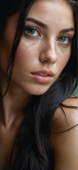 Sexy girl, 23 years old, (black long hair),green eyes, wet lips, light freckles, looking at the viewer, professional profile of a woman ((full length portrait photo)) spread out towards the viewer, detailed, sharply focused, dramatic, recorded, cinematic lighting, volumetric dtx, (film grain), background, comprehensive) foreground shot, depth of field, studio, motion capacity), full body, rear view