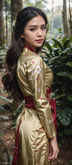 Create a photorealistic masterpiece of a beautiful woman with long hair wearing traditional Indonesian kebaya attire. Set her against a dark, forest backdrop with a captivating glow in the background and bokeh effect. Ensure the image quality is 8K with ultra-realistic details.,kebaya